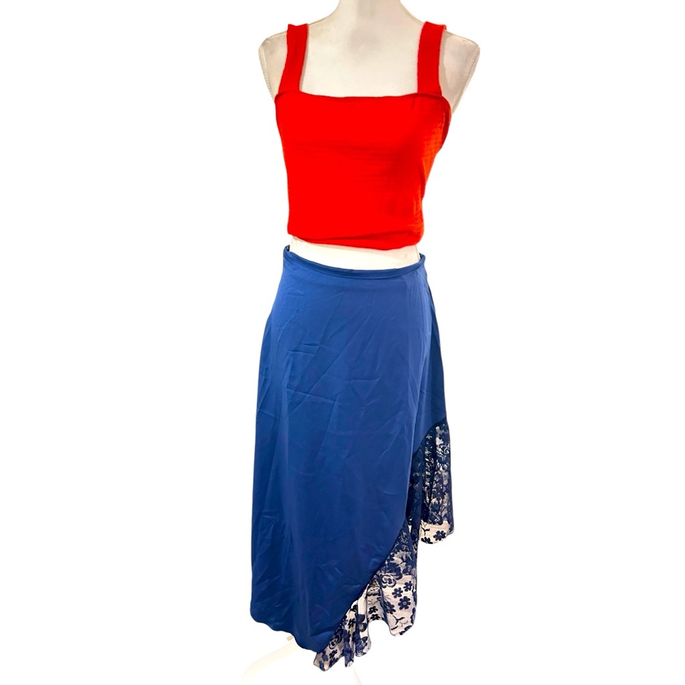 Blue BOHO Asymmetric Floral Hem Midi Skirt - Unbranded